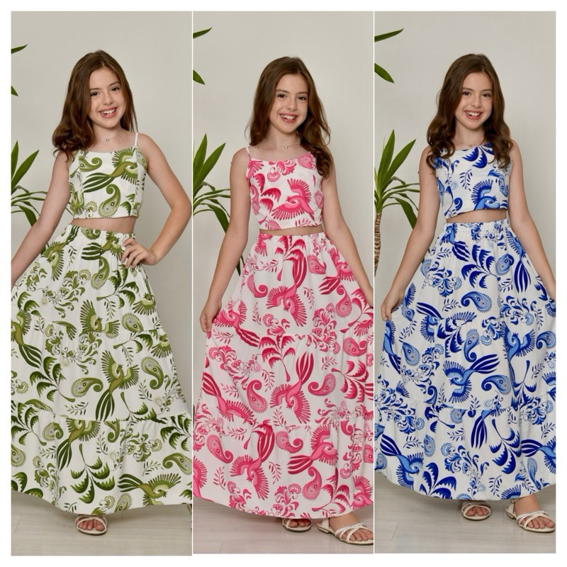 Conjunto Infantil Juvenil Saia + Croped com laço Top alcinha regata três marias Florido