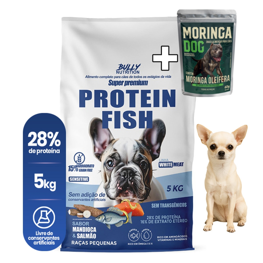 Ração Fish Protein Raças Pequenas Chihuahua Bully Nutrition 5Kg + MoringaDog 60g