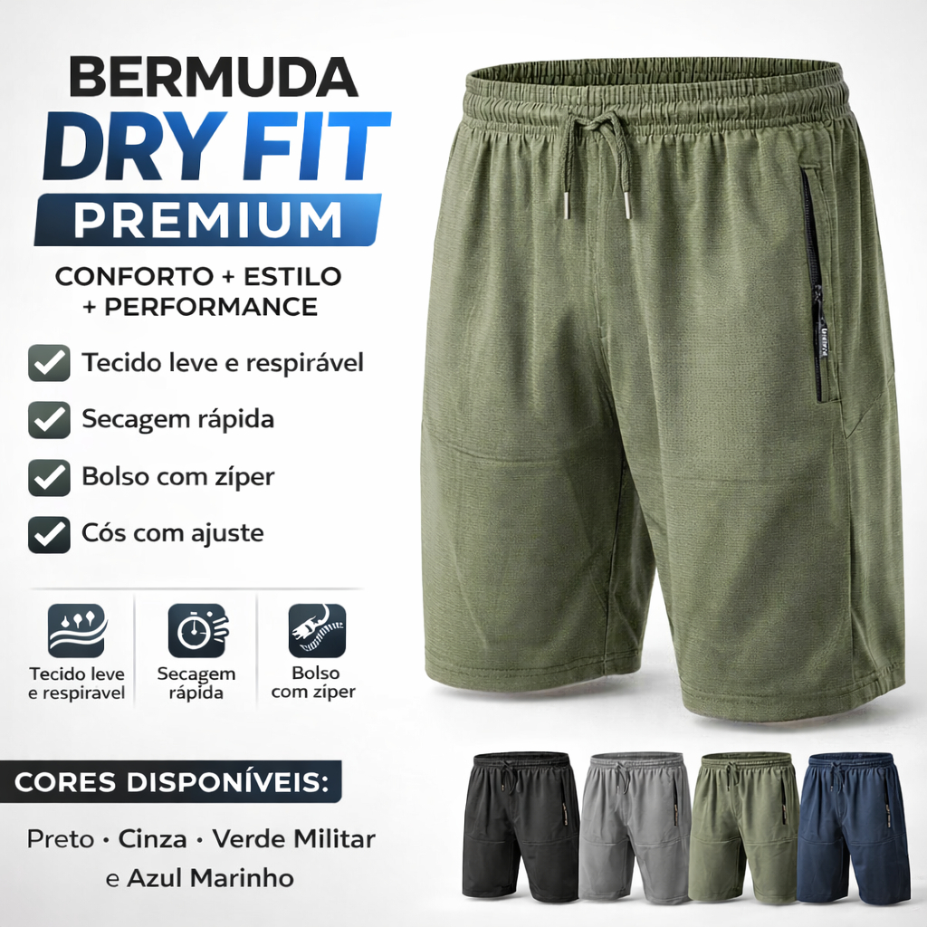 Bermuda Masculina Dry Fit Leve Respirável com Zíper Academia Elastano Conforto Máximo Premium
