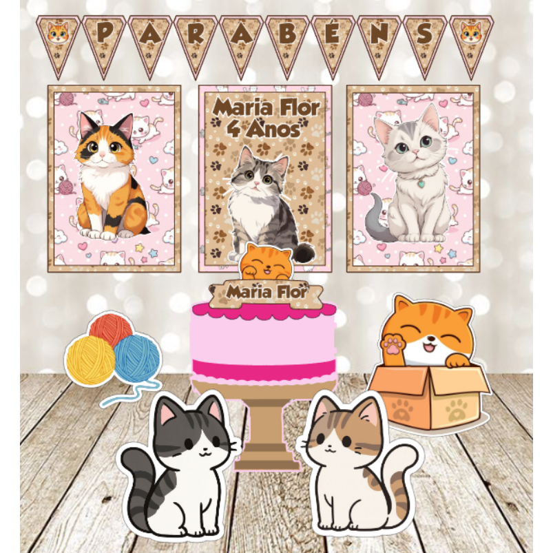 🎉 Kit Festa  GATO- GATINHO CUTE-GATINHA CUTTY– Painéis + TOPO de BOLO+BANDEIROLA+DISPLAYS - só um bolinho🎉