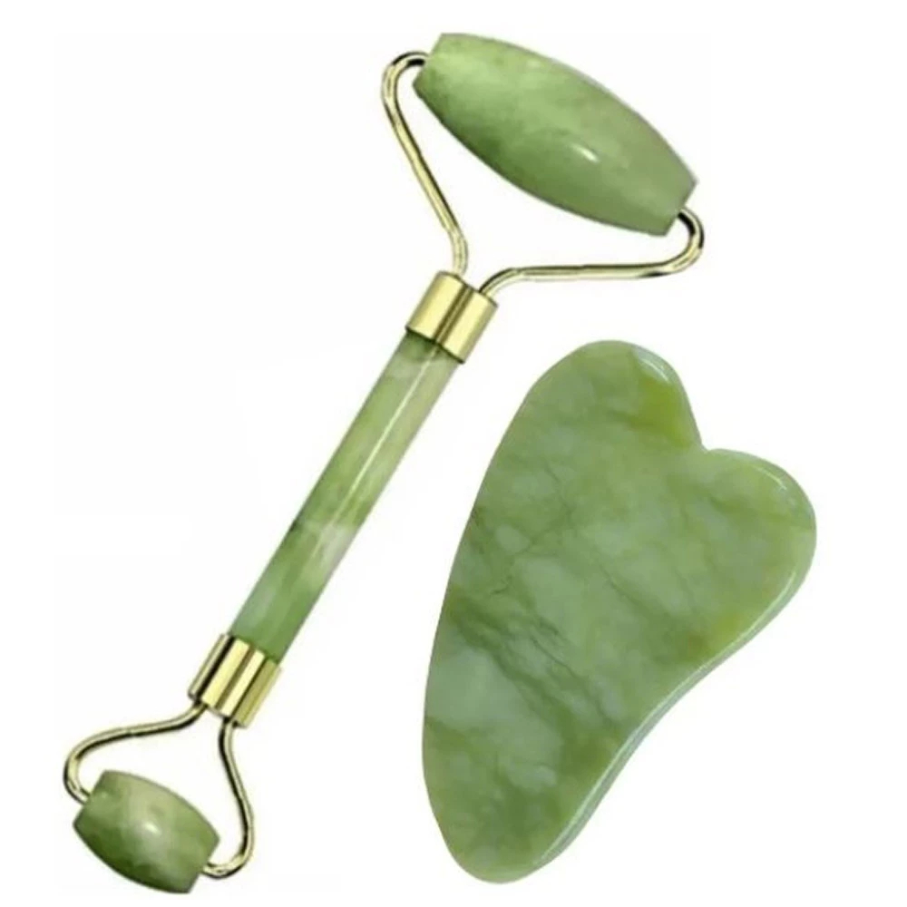 Kit 1Rolos Massageador Pedra De Jade Massagem Facial +Placa Facial Gua Sha