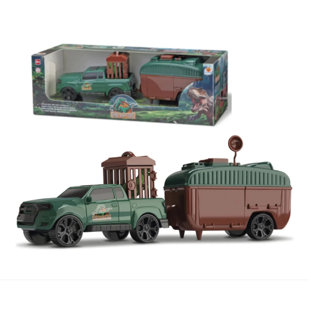 Brinquedo Caminhonete Trailer C/ Jaula Dino Raptors Jurassic C/ 2 Dinossauros