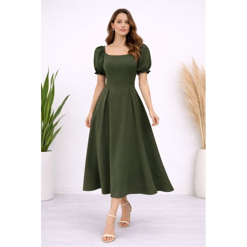Vestido Midi Feminino Elegante Manga Bufante Cintura Marcada Rodado Moda Verão/Inverno Casual Festa
