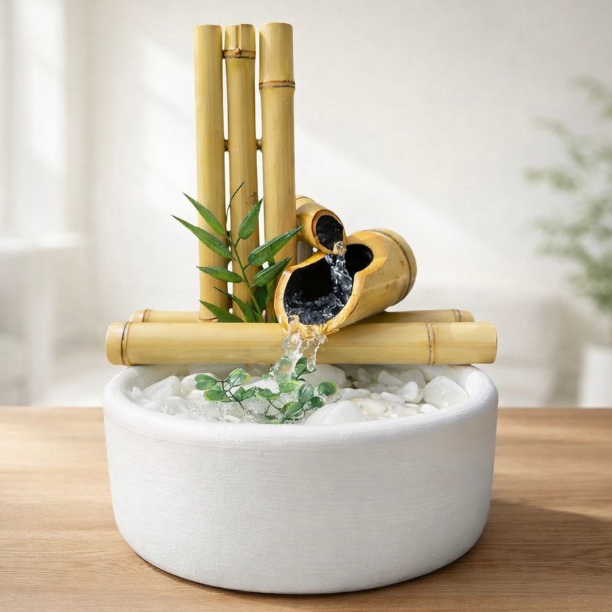 Imagem Fonte de Água Decorativa Cascata 2 Quedas Branca Zen Bambu Feng Shui Relaxante