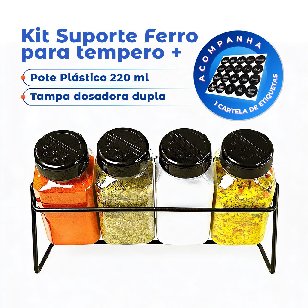 1 Suporte de Mesa para Temperos Condimentos + 4 Potes 220ml Tampa Dupla com Etiquetas em Oferta na Shopee