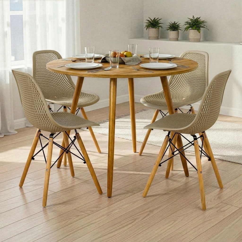 Mesa Sofia Redonda Freijó 80 Cm MDF + 4 Cadeiras Eloá Sala de Jantar