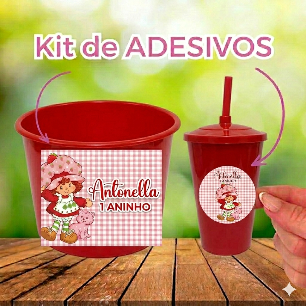 kit Rotulo adesivo para baldinho + adesivo para copo- moranguinho vintage anos 80 90 antiga