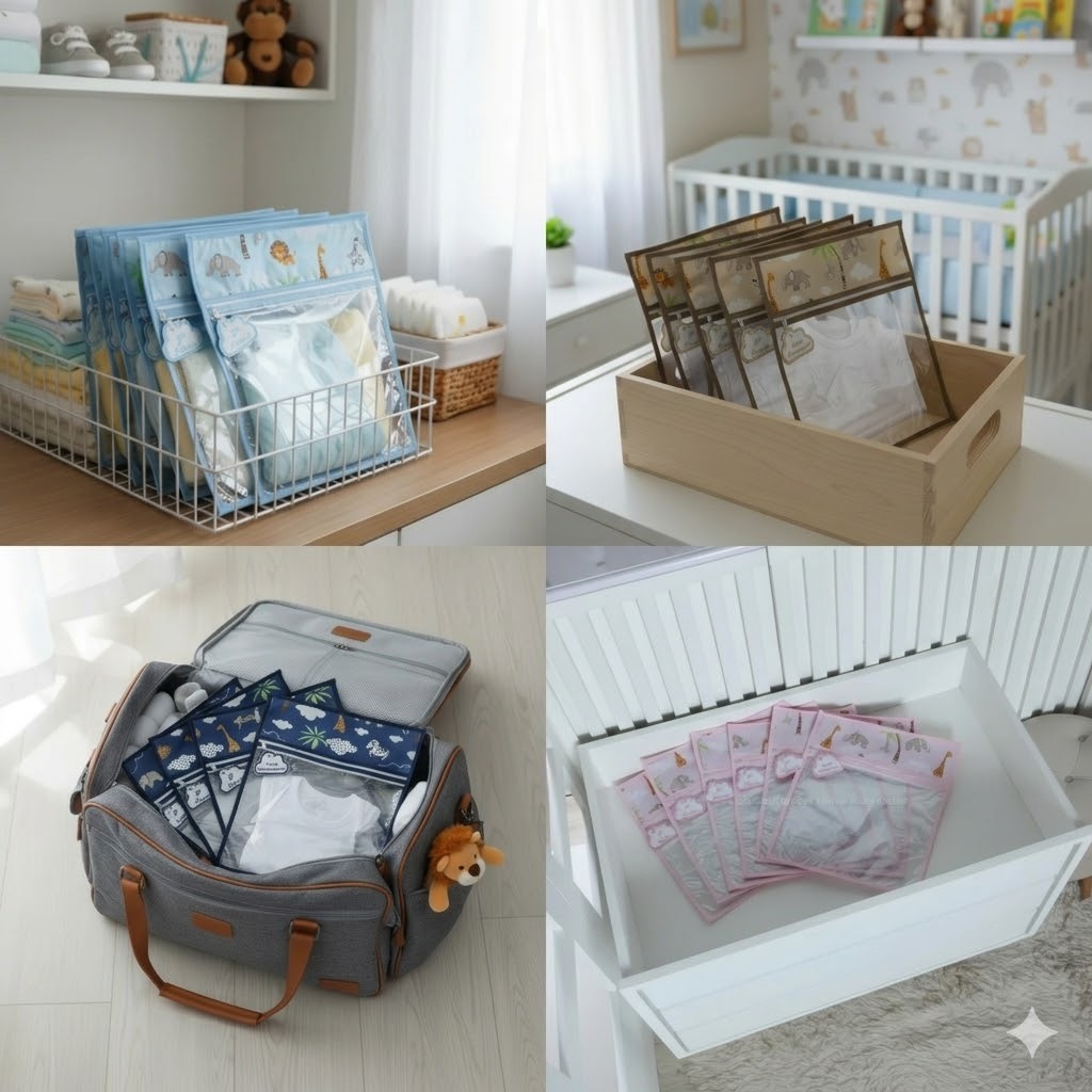 Kit c/6 Saquinhos Organizadores para Maternidade Organizadores em Plástico + Tags Bordadas Safari