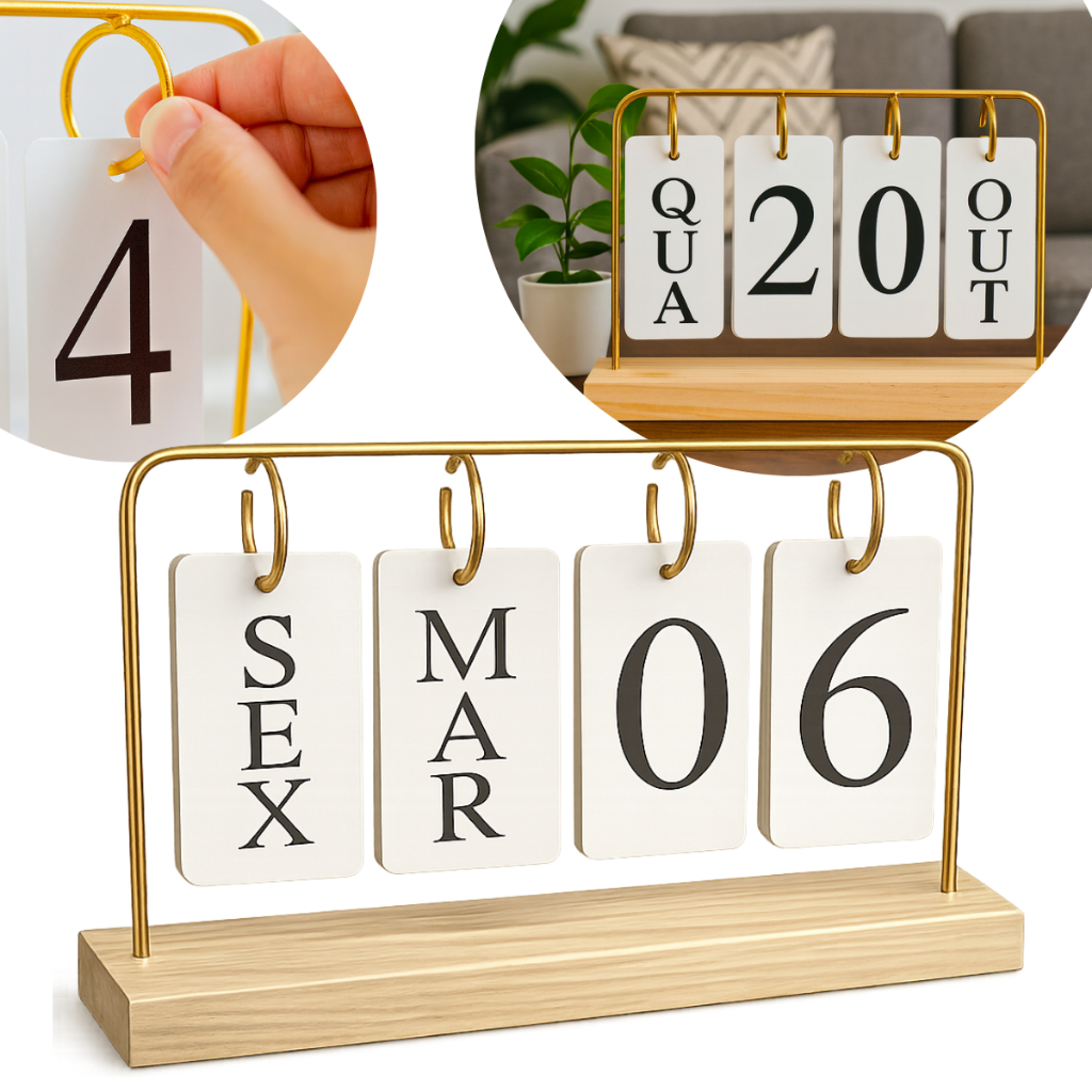 Calendário De Mesa Decorativo Com Plaquinhas Dourado Permanente Escritório Decoração Luxo