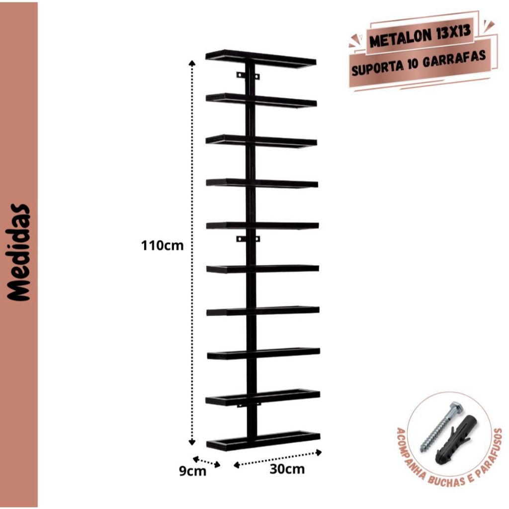 Adega Suporte de Vinhos para Parede 10 Garrafas Decorativo Modelo Industrial