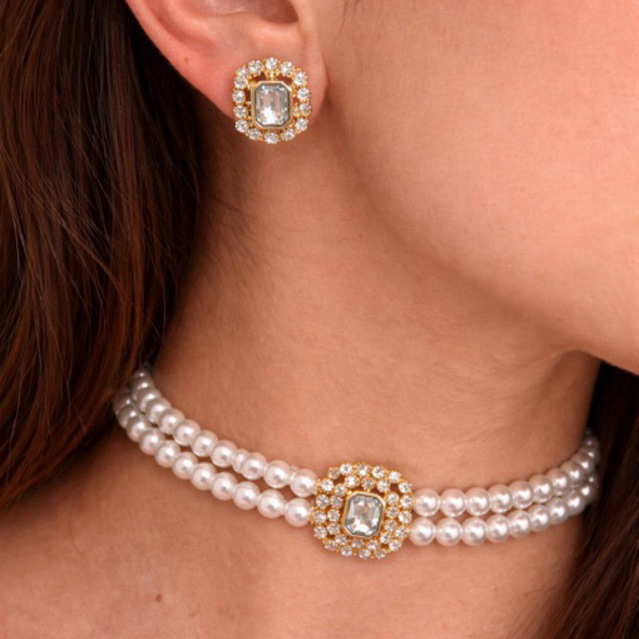 Conjunto choker + brinco pérola e zircônia dourada. Conjunto noiva