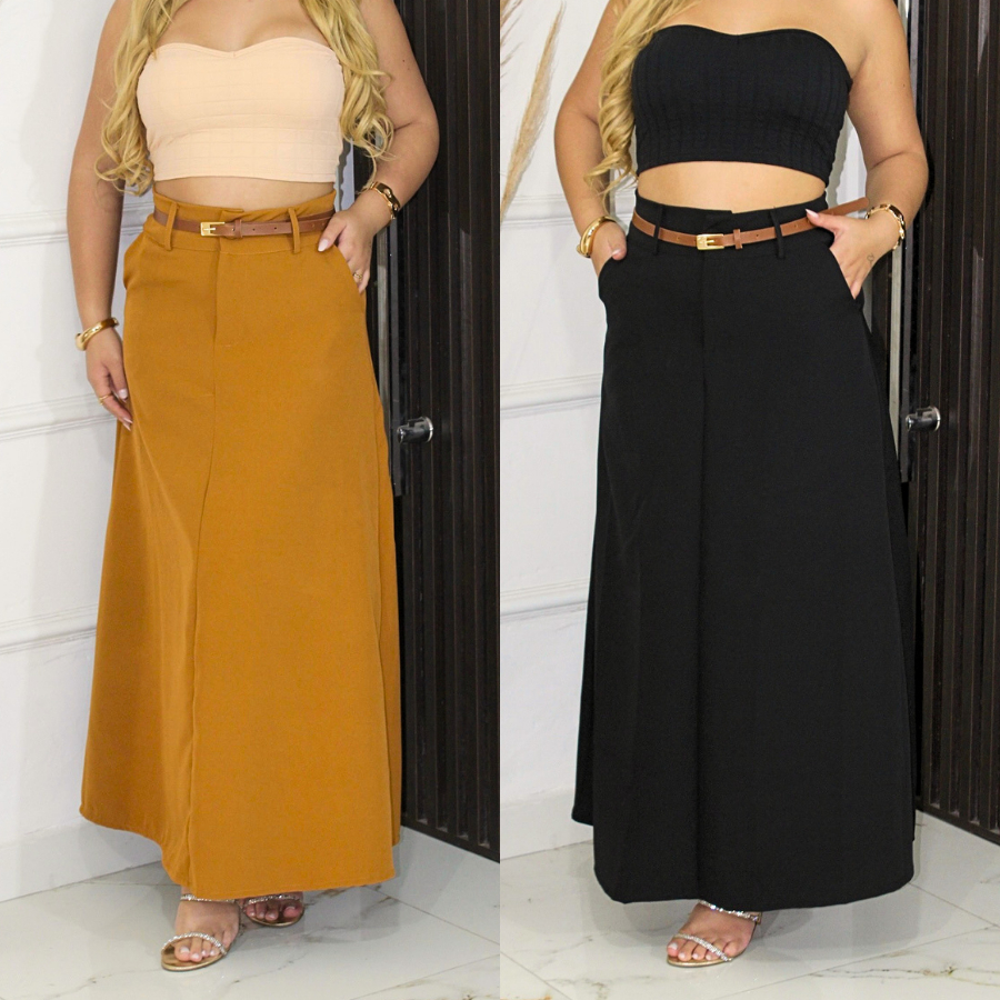 Saia Longa Feminina Alfaiataria Rodada Godê Cintura Alta Evangélica Social Casual Elegante Inverno
