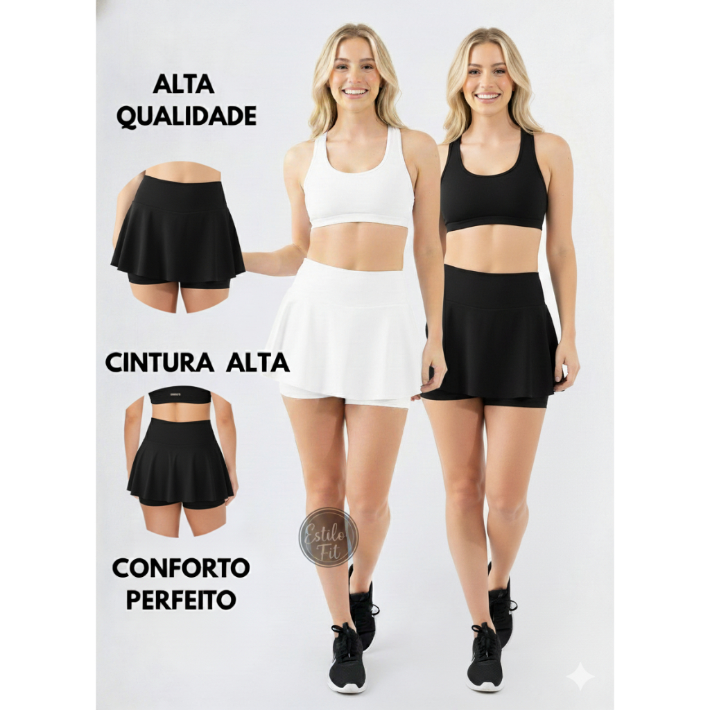 Kit 2 Short Saia Academia Fitness Cintura Alta tapa Bumbum Bailarina Rodado Suplex Premium