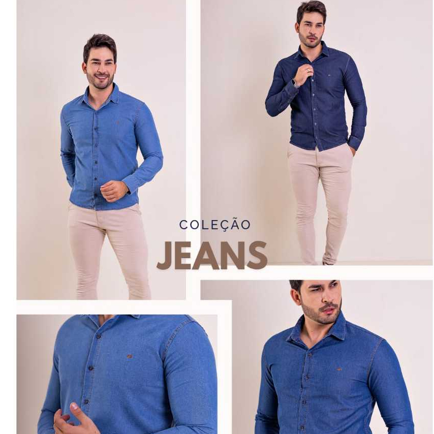 Camisaria Jeans Manga Longa Masculina de Botão Premium Luxo