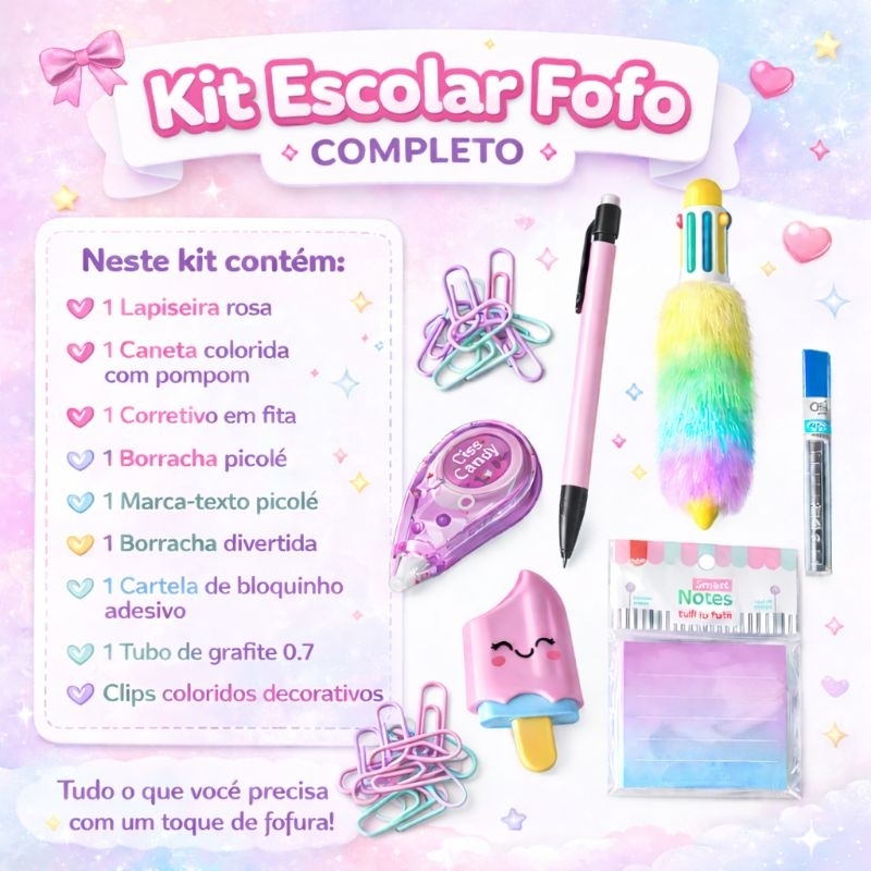 kit Escolar Fofo 9 itens Papelaria Fofa Papelaria Kwai