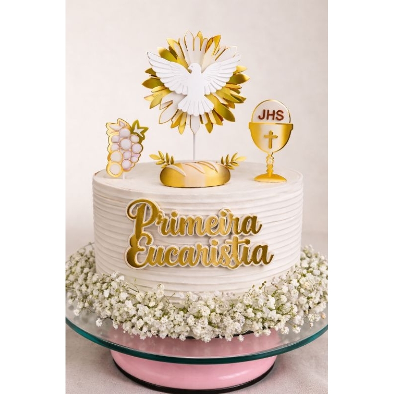 Topo de Bolo Primeira Eucaristia Dourado Luxo ✨ Decoração Comunhão Batizado Pronta Entrega Cake Topper Religioso