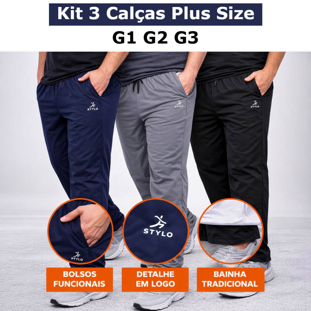 Kit 3 Calças Masculinas Plus Size G1 G2 G3 Forrada Quente Tactel com Elastano Confortável