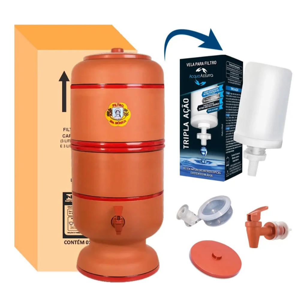 Filtro de Barro 6 Litros Total (3L+3L) Completo com Vela Tripla Ação Bóia Anti-Transbordo e Torneira