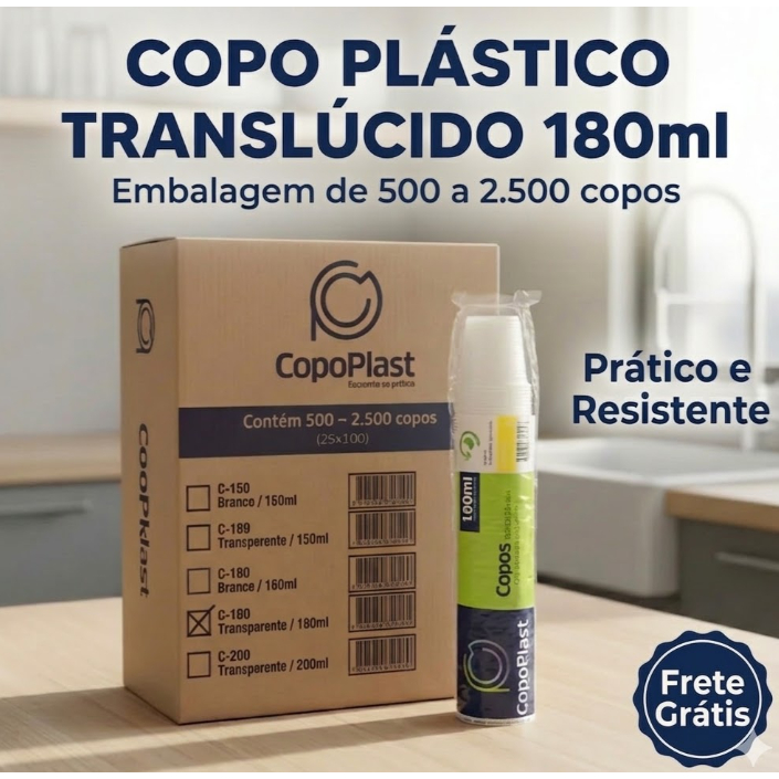 Copo 180ml Plástico Descartável Transparente 500~2500 unidades Copoplast