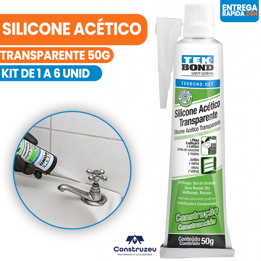 Silicone Acético Transparente Vedação Selagem Pia Box Banheiro Portas Janelas Bisnaga 50g Tekbond