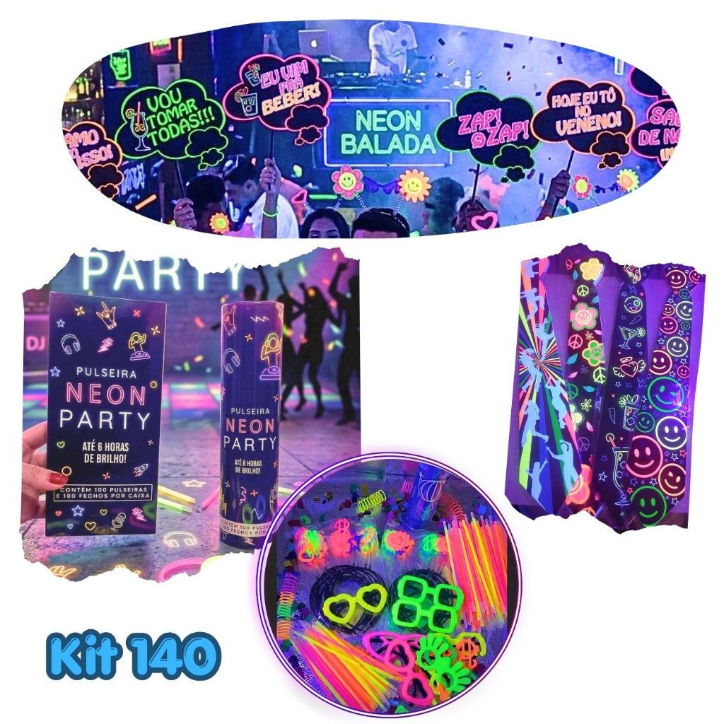 Kit Balada Festa Neon 140 Pecas Para Casamento Aniversario Oculos Tiara Pulseira Neon