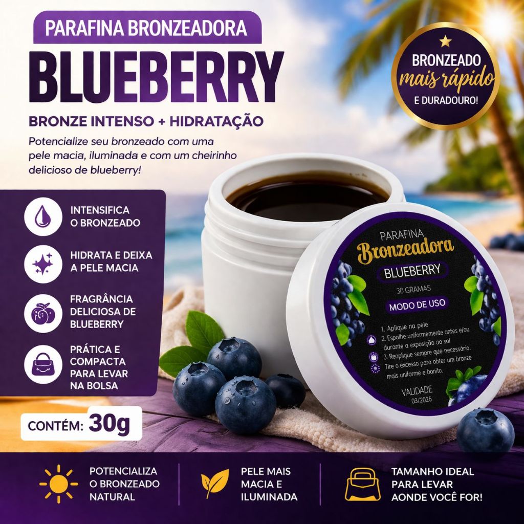 PARAFINA BRONZEADORA BLUEBERRY 30 G 1 OU 10 UNIDADES BRINDES LEVAR NA BOLSA