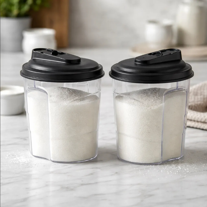 Jogo 2 Açucareiro Farinheira 700ml Pote Plástico BPA FREE Tampa Bico Dosador Achocolatado Grãos