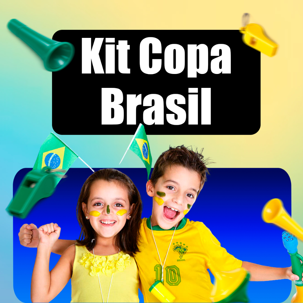 Kit 100 Mini Brinquedos Tema Brasil Apito Corneta Pião Pulseira Verde Amarelo Festa Infantil