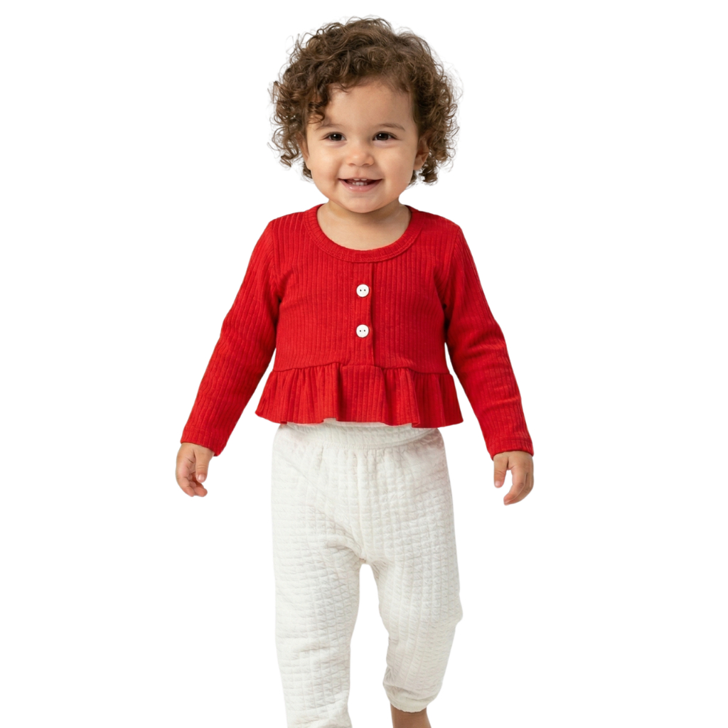 Conjunto Infantil Menina Bata Canelada Vermelha Calça Branca Waffle Ame Kids Conforto Premium