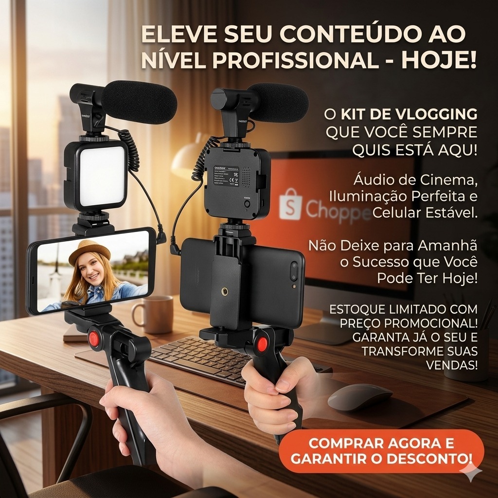 Kit Youtuber Gravar Conteúdo Suporte de Celular Tripé Estabilizador Luz LED Microfone Bluetooth USB