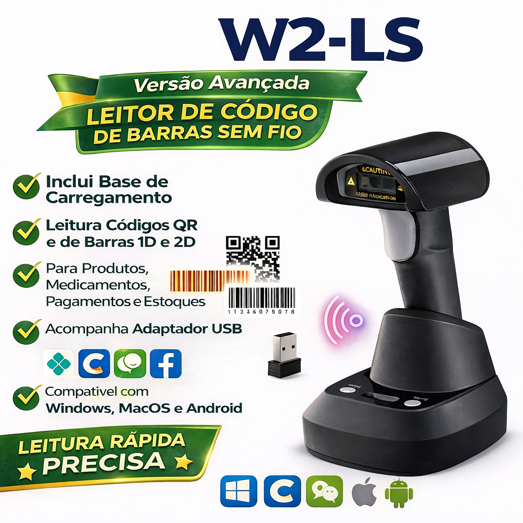 Leitor Código De Barras Sem Fio Usb Bar Code Scanner para Caixa Supermercado Estoque Logística