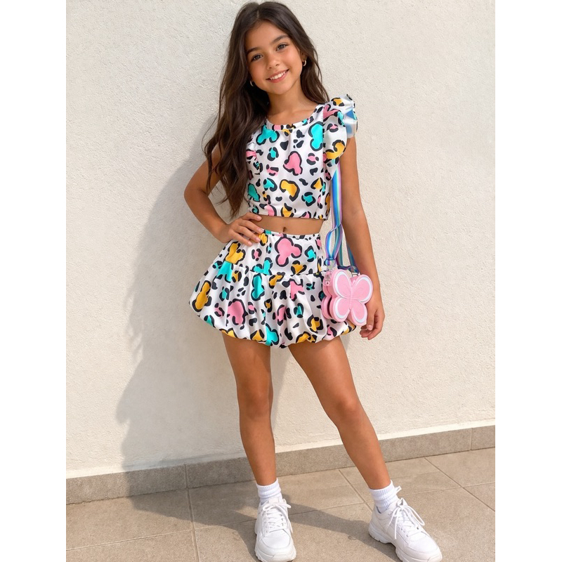 Conjunto infantil feminino cropped e saia balone menina estampado verao TAM 2 ao 12