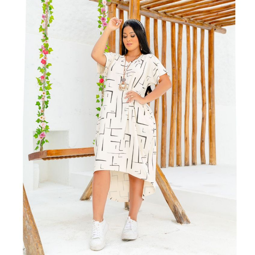 Vestido Mullet Manga Curta Gola V Moda Feminina Saruel Max