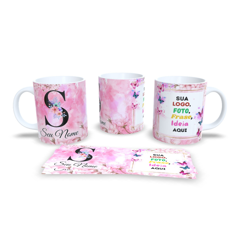 Caneca Xícara Alfabeto Floral com Borboleta - com Nome e 1 Foto Personalizada em Oferta na Shopee