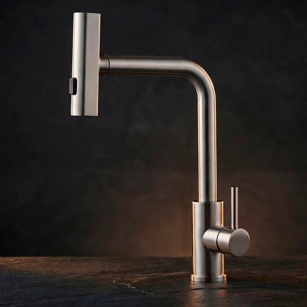 Torneira de Cozinha Gourmet Ducha Extensível Misturador Monocomando em Aço Inox Escovado Ducha de Tripla Função