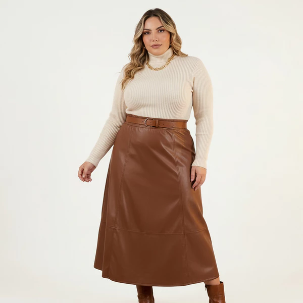 Saia Midi Couro Fake Plus Size - Cintura Alta G1 ao G4 - Elástico