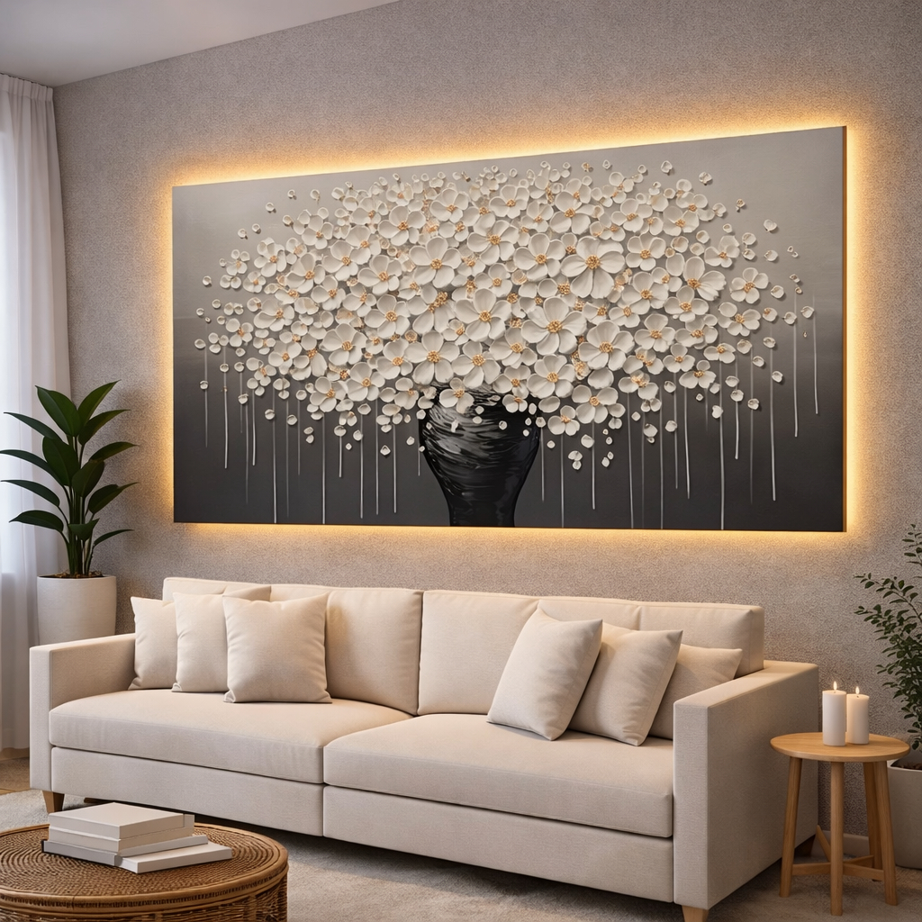 Quadro Decorativo Sala 110X70 Flores Brancas Minimalista Cinza Quarto Escritório Luxo Hd