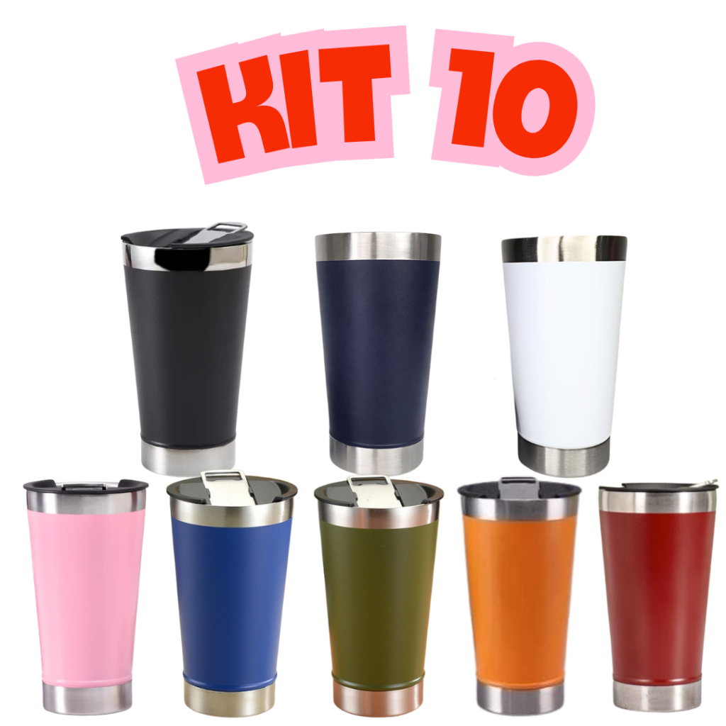 Kit 10 Copo Térmico de Cerveja com Tampa Abridor 473ml Conserva Gelado Parede Dupla a Vácuo