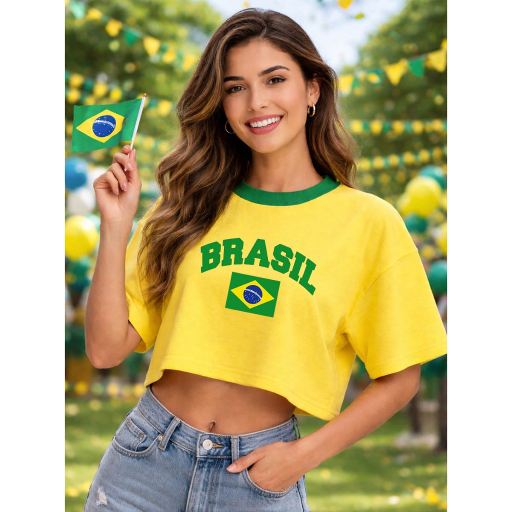 Camiseta Cropped Brasil Oversized copa Confortável Soltinho 100% Algodão em Oferta na Shopee