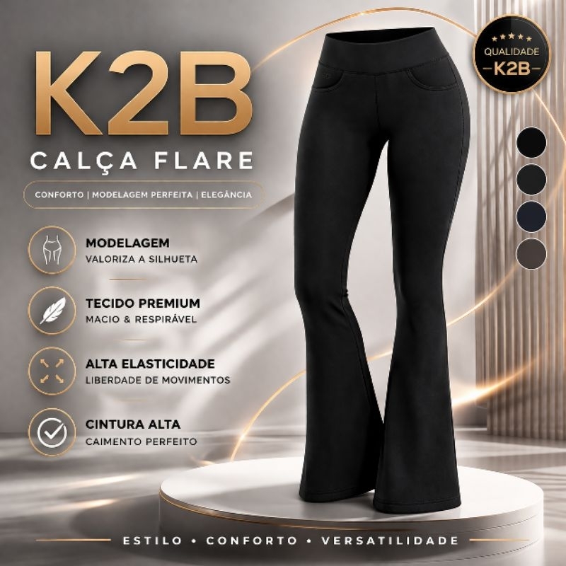 Calça flare feminina bailarina K2B original poliamida cintura alta tecido grosso sem transparência