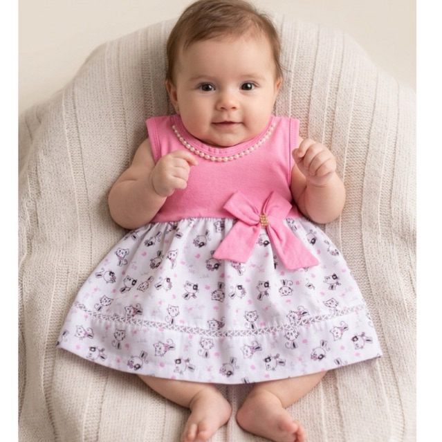 Vestido Luxo Bebê Menina Pérolas e Laço Rn 0 Até 6 Meses Enxoval Bebê Recem Nascido Menina