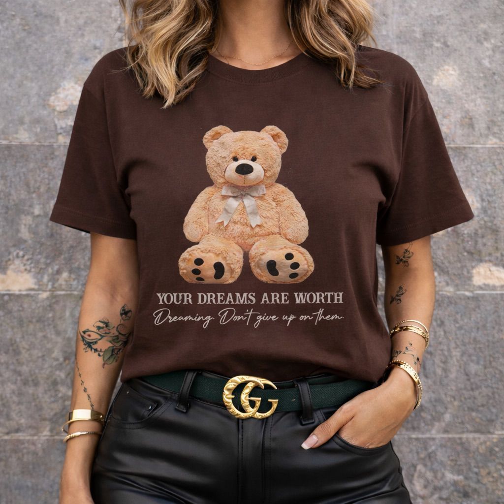 Camiseta Feminina Ursinho 100% Algoodão T-Shirt Estampada Vintage Moda Casual Estilosa Tendência 2026 Confortável