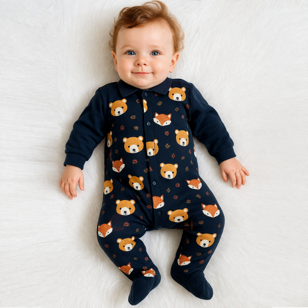 Macacão Manga Longa Vira Pé Bebê Menino – Estampa Ursinho e Raposa RN a 03 Meses em Oferta na Shopee