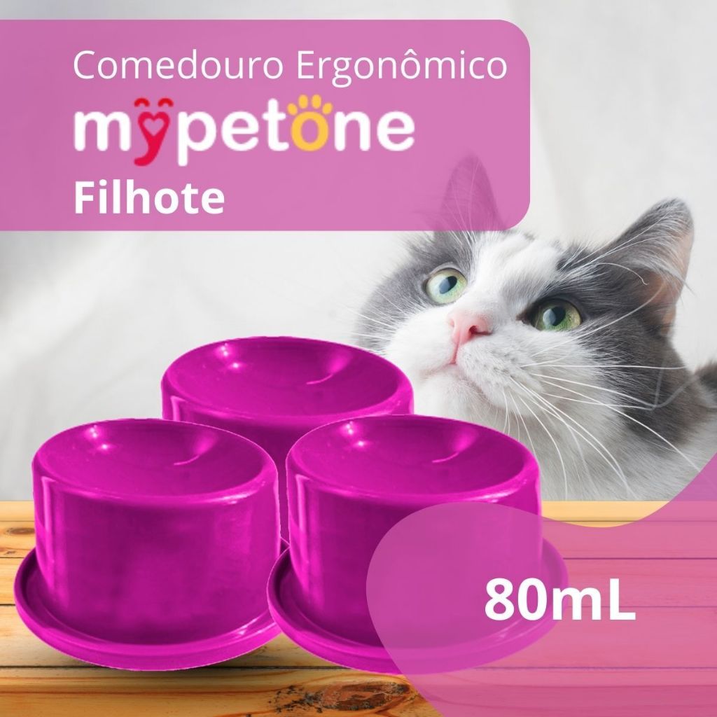 3 Comedouro Gato Filhote Ergonômico 80ml Mypetone Rosa