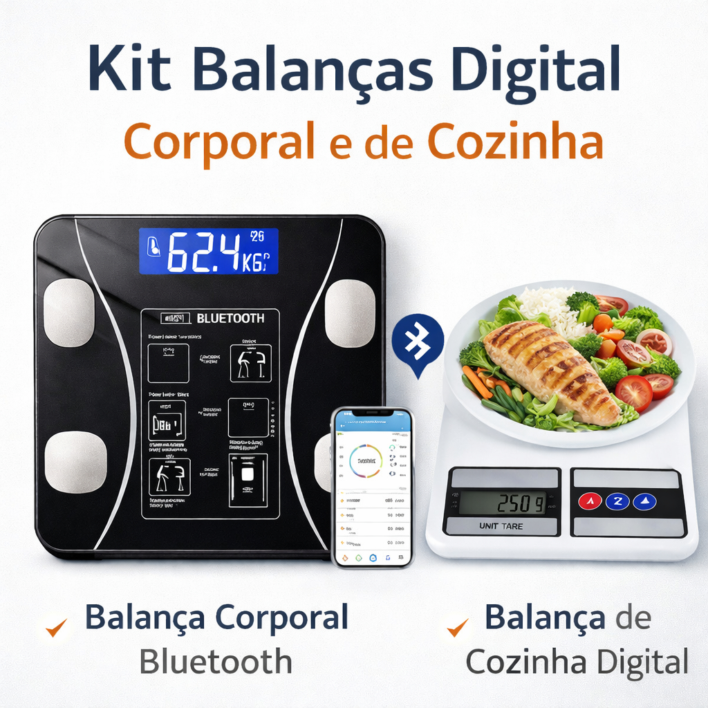 Kit Balança Digital Corporal Bluetooth + Balança de Alimentos Cozinha Precisão