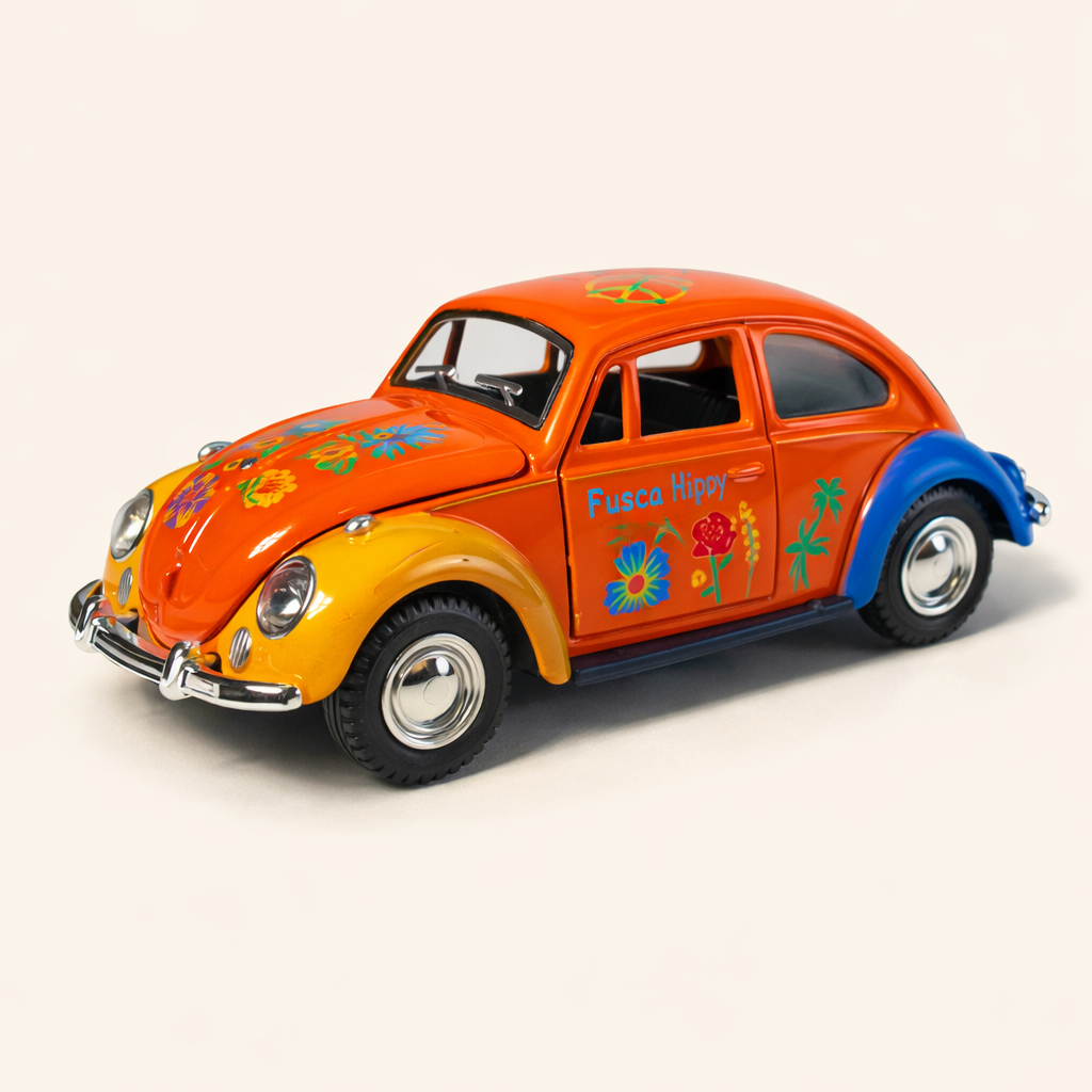 Fusca Hippie Miniatura 1:32 Metal Diecast Colorido Florido com Portas e Capô que Abrem Carro Colecionável