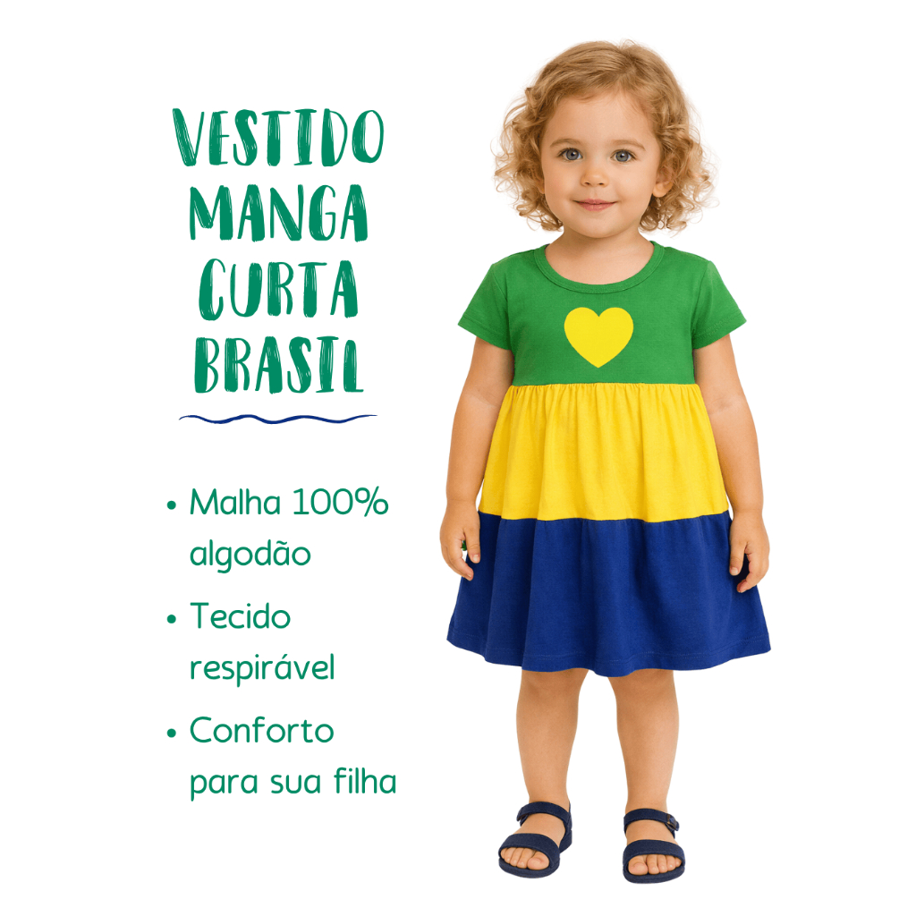 Vestido Brasil de malha para bebê de 3 meses a meninas de 5 anos confortável com manga curta