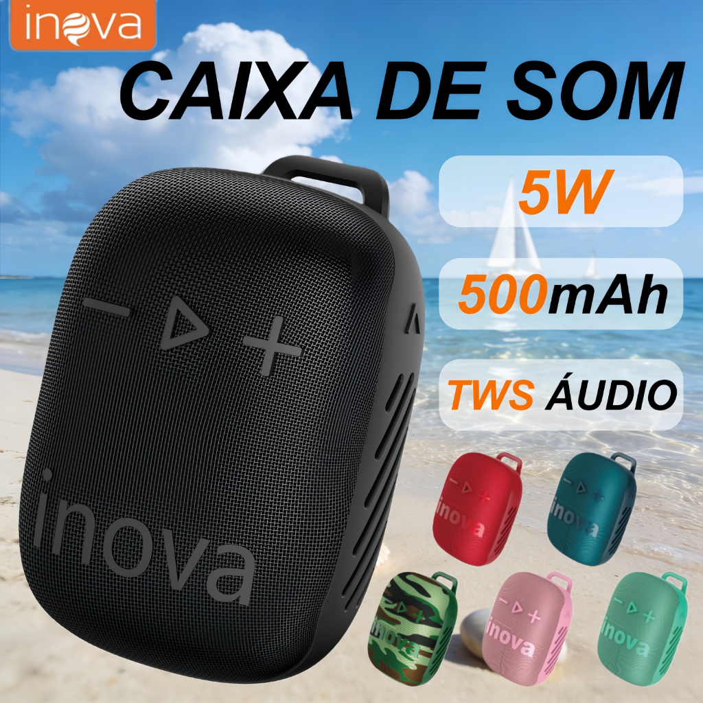 Inova Caixa de Som Portátil 5W Bluetooth TWS Som Estéreo À Prova D'água IPX6 Ideal Para Uso Externo