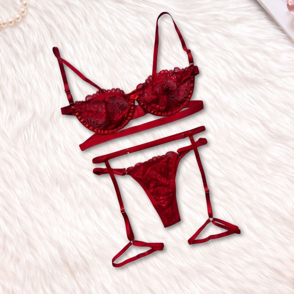 Conjunto Feminino Lingerie Sexy Renda Sutiã Com Aro + Calcinha + Cinta Liga Regulável Conforto