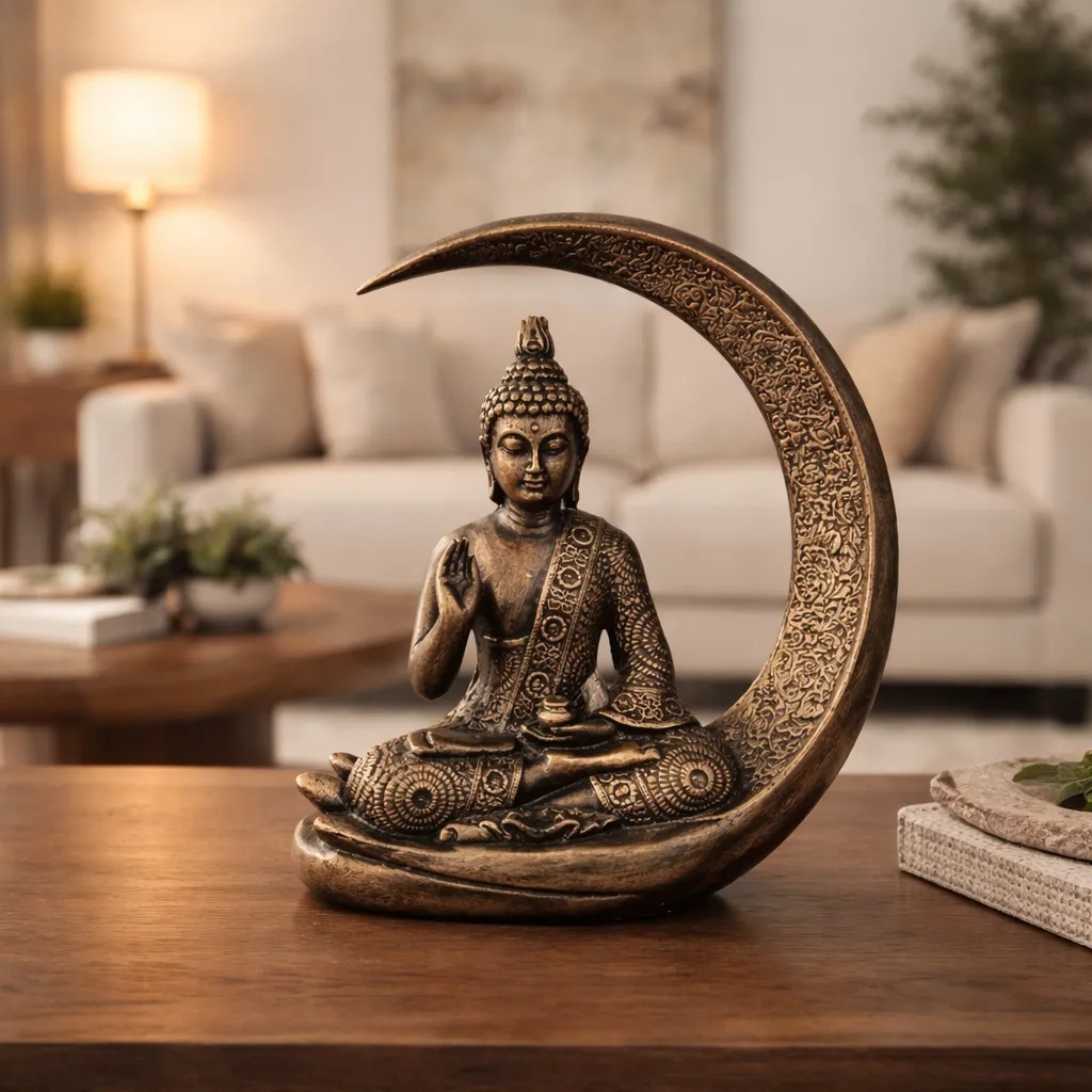Imagem Buda Na Lua Decorativo 27cm Cerâmica Estátua Zen Espiritual Decoração Casa Presente Luxo